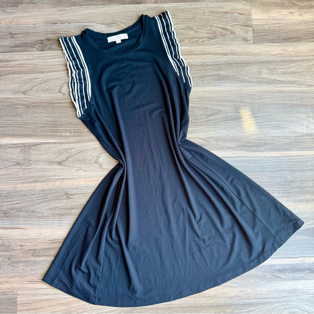 Minimalist Black Swing Dress LOFT Sleeveless Striped Shoulder Detail